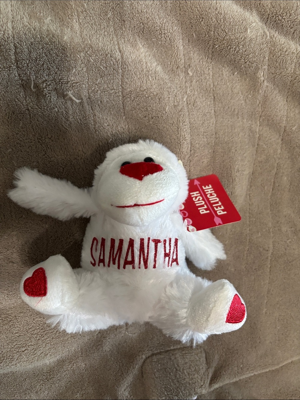 Personalized White Plush Monkey with Sparkly Red Letters - Samantha